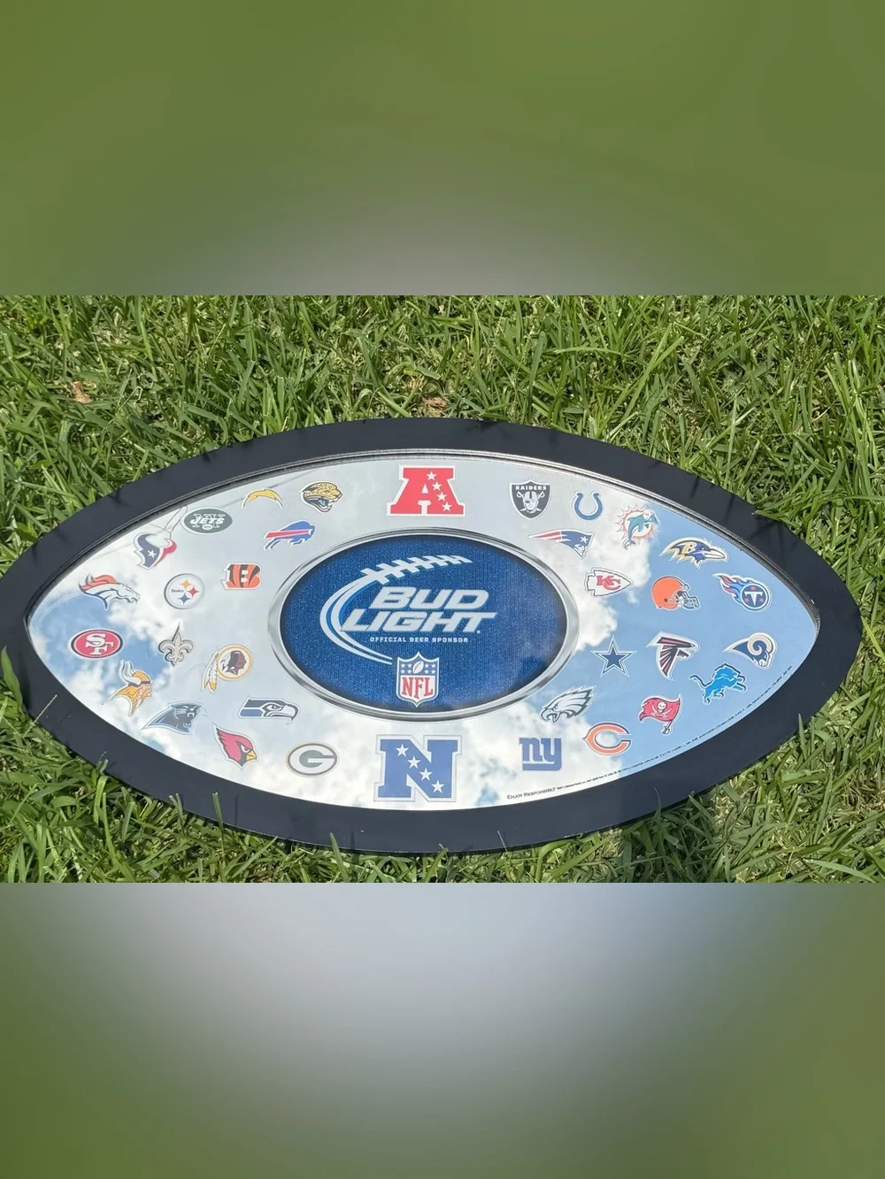 BUD LIGHT NFL OVAL MIRROR SIGN 32 TEAM HELMET LOGOS FRAMED 33x18 2011 Edition